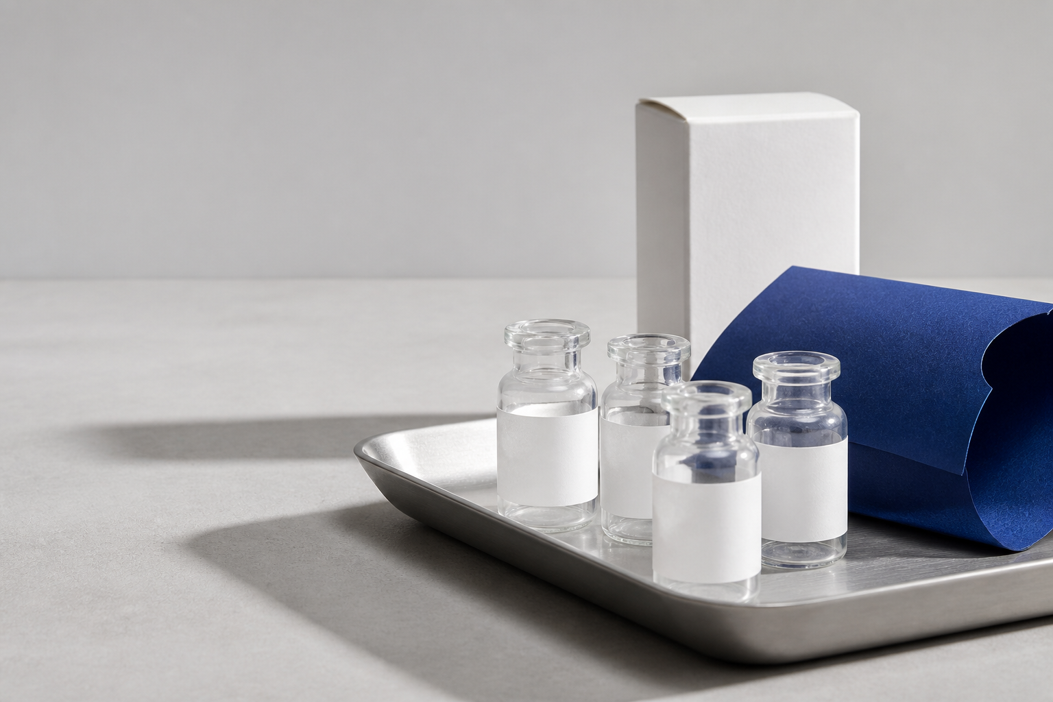 Unbranded glass sample vials arranged with a blue archival sleeve and a white carton.